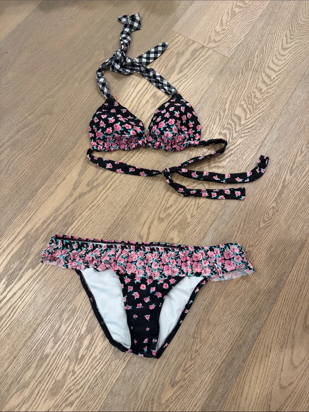 SOFIA by ViX Black Bikini with Pink Rose Print with Gingham Reversible Top